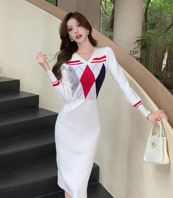 V-neck Korean style long dress quilted all-match dress