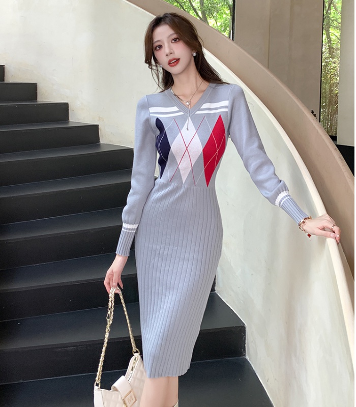 V-neck Korean style long dress quilted all-match dress