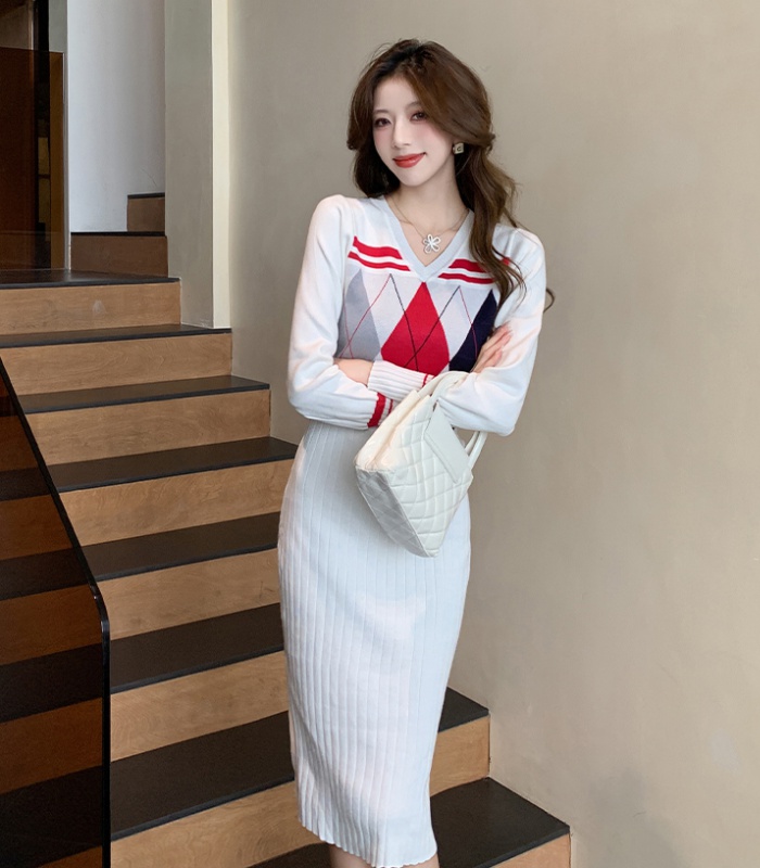 V-neck Korean style long dress quilted all-match dress