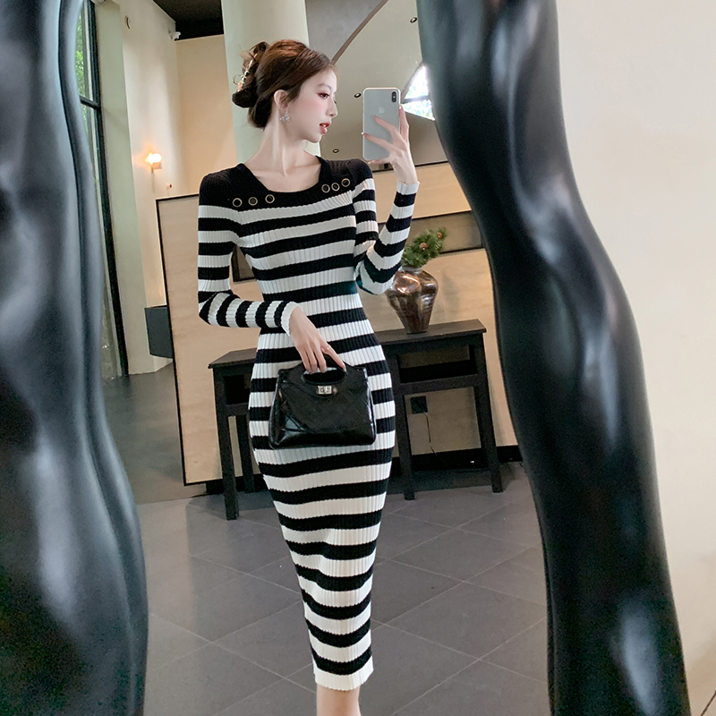 Slim long Korean style sweater stripe long sleeve dress