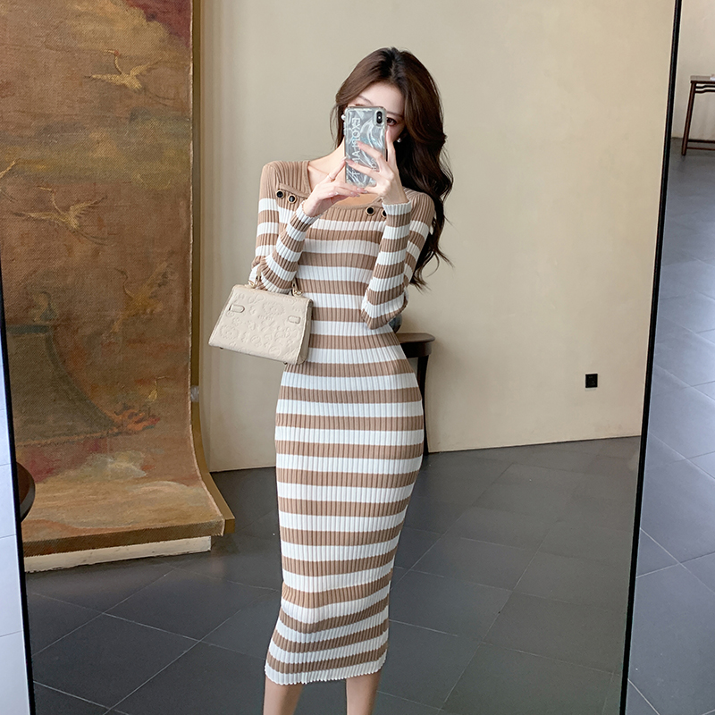 Slim long Korean style sweater stripe long sleeve dress