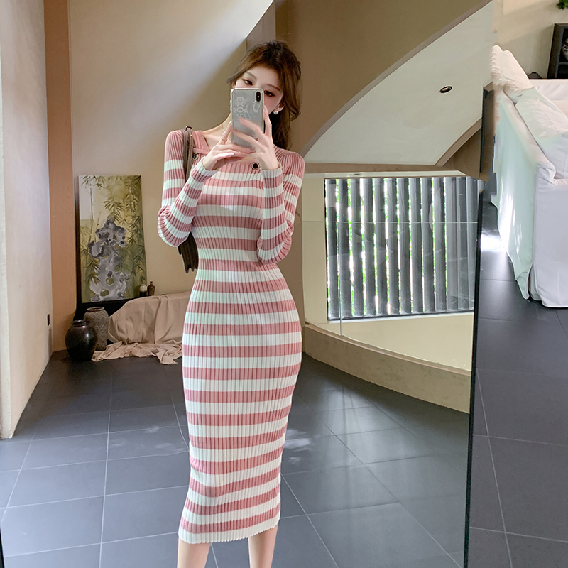 Slim long Korean style sweater stripe long sleeve dress