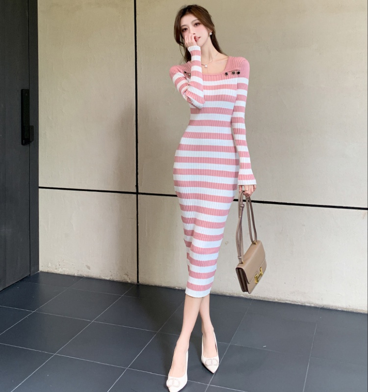 Slim long Korean style sweater stripe long sleeve dress