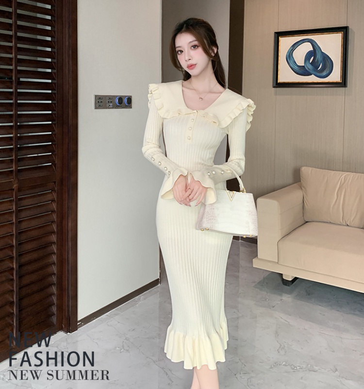 Lotus leaf edges France style long dress splice knitted dress