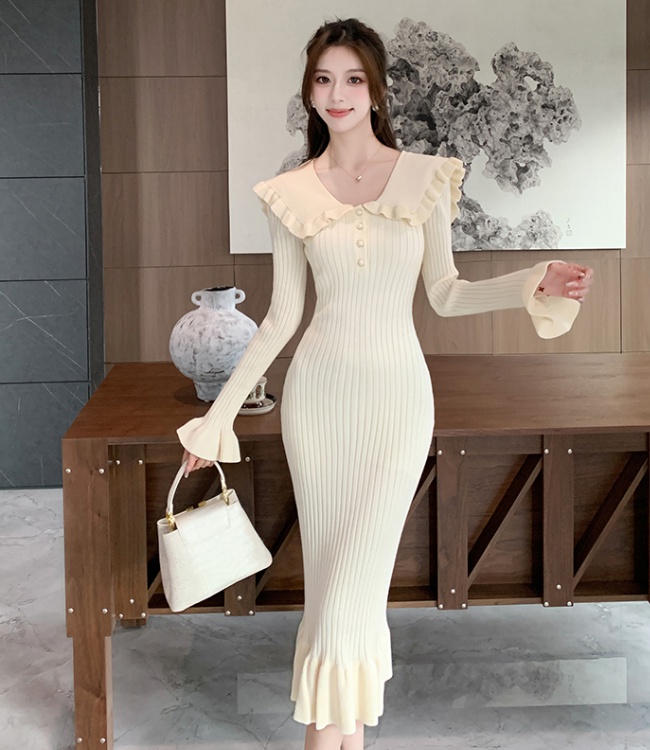 Lotus leaf edges France style long dress splice knitted dress