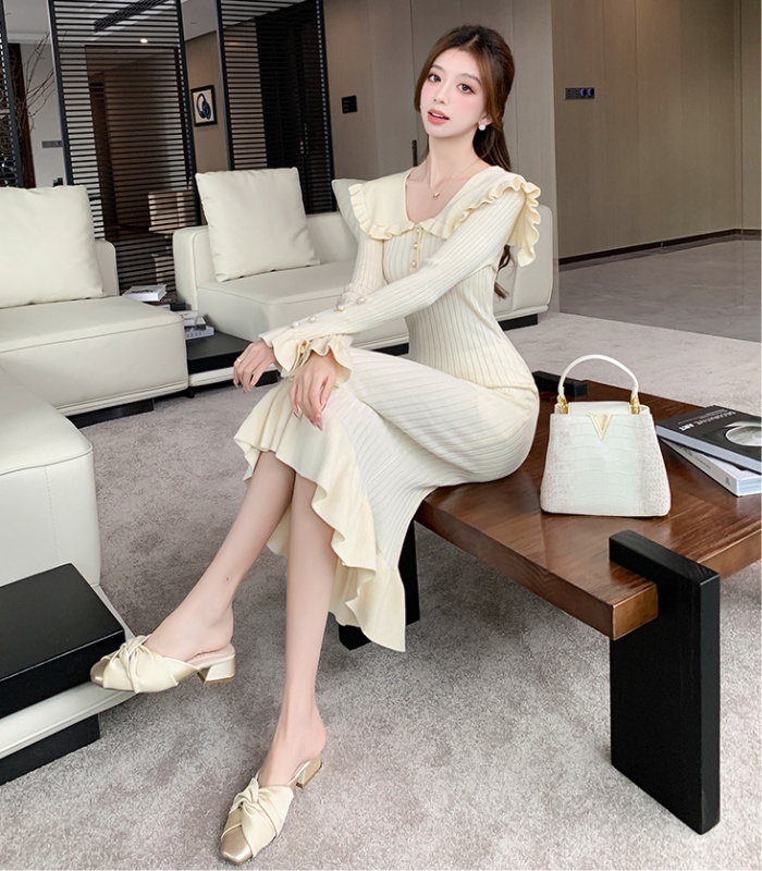 Lotus leaf edges France style long dress splice knitted dress