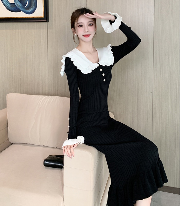 Lotus leaf edges France style long dress splice knitted dress