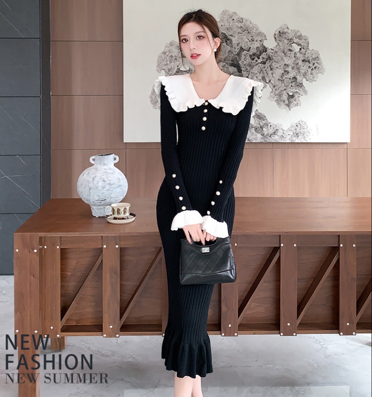 Lotus leaf edges France style long dress splice knitted dress