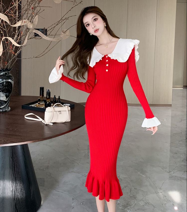 Lotus leaf edges France style long dress splice knitted dress