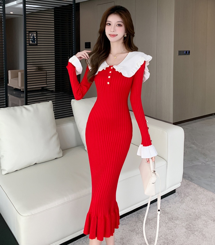 Lotus leaf edges France style long dress splice knitted dress