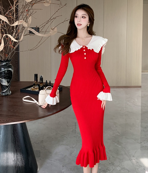 Lotus leaf edges France style long dress splice knitted dress