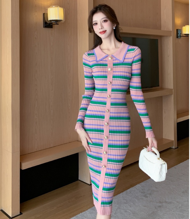 Temperament stripe knitted sweet autumn niche dress