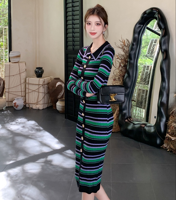 Temperament stripe knitted sweet autumn niche dress