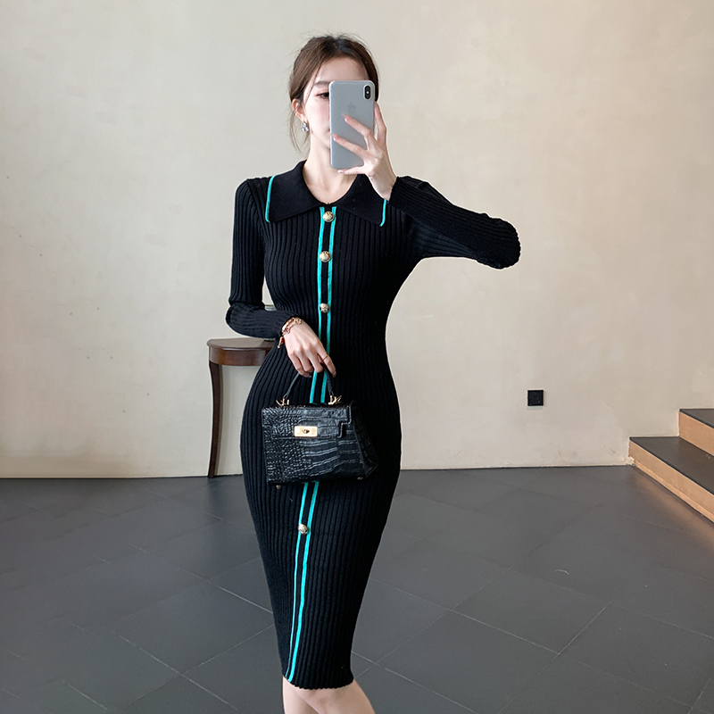 Knitted package hip elegant slim long dress for women