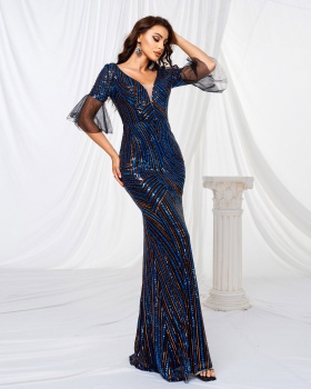 Long mermaid dress V-neck banquet evening dress for women