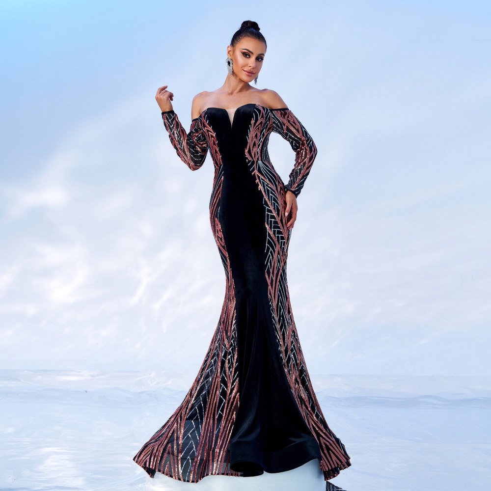 European style velvet dress banquet evening dress