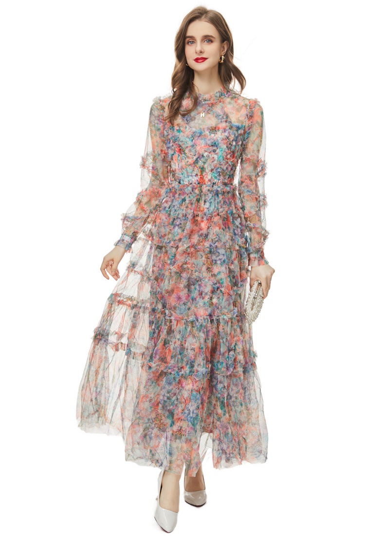 Elegant gauze European style printing retro vacation dress