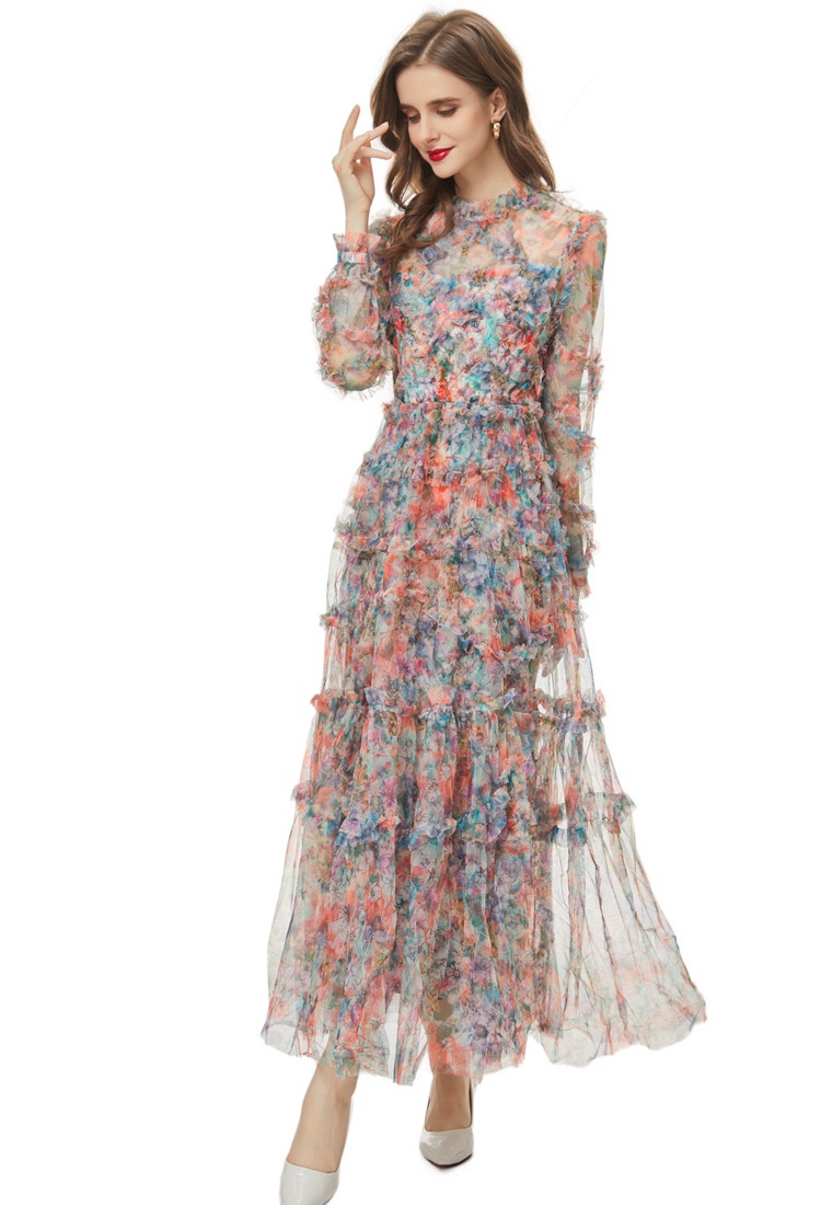 Elegant gauze European style printing retro vacation dress