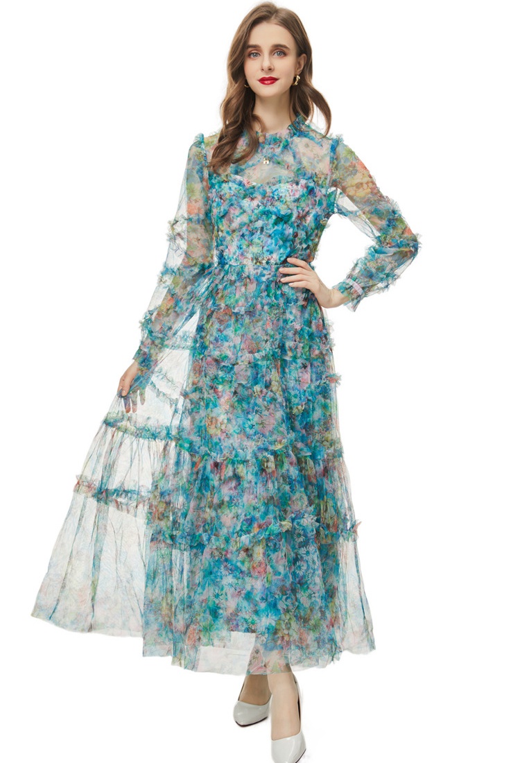 Elegant gauze European style printing retro vacation dress