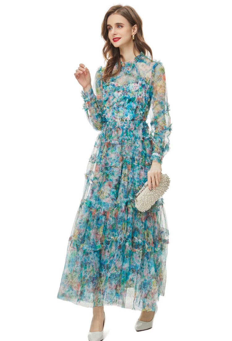 Elegant gauze European style printing retro vacation dress