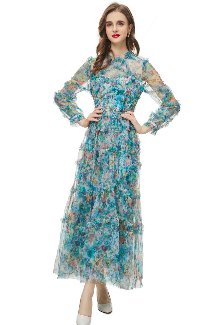 Elegant gauze European style printing retro vacation dress