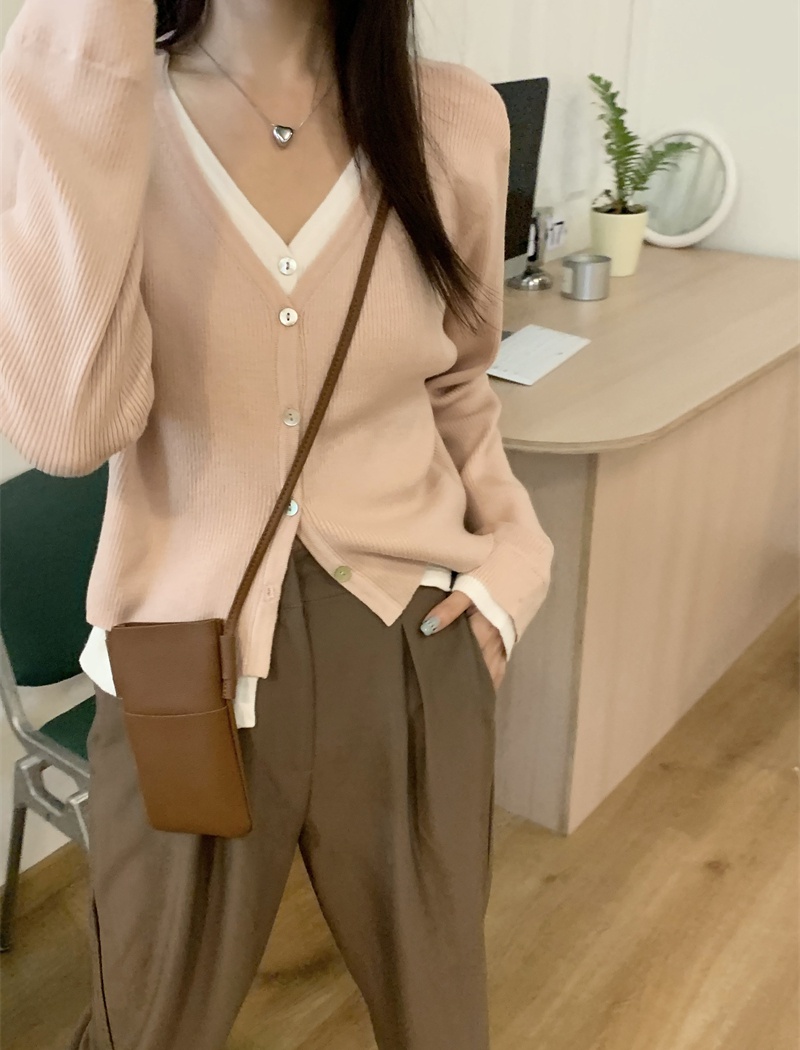 Mixed colors short knitted tops thin Pseudo-two cardigan