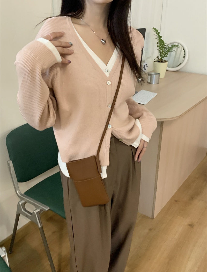 Mixed colors short knitted tops thin Pseudo-two cardigan