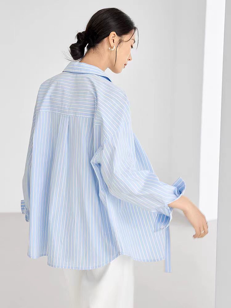 Stripe autumn simple tops blue Casual shirt for women