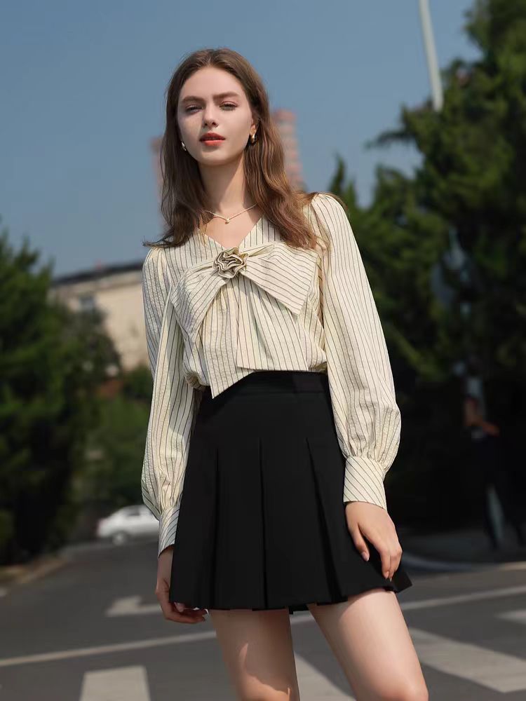 Puff sleeve autumn tops France style bow shirt for women