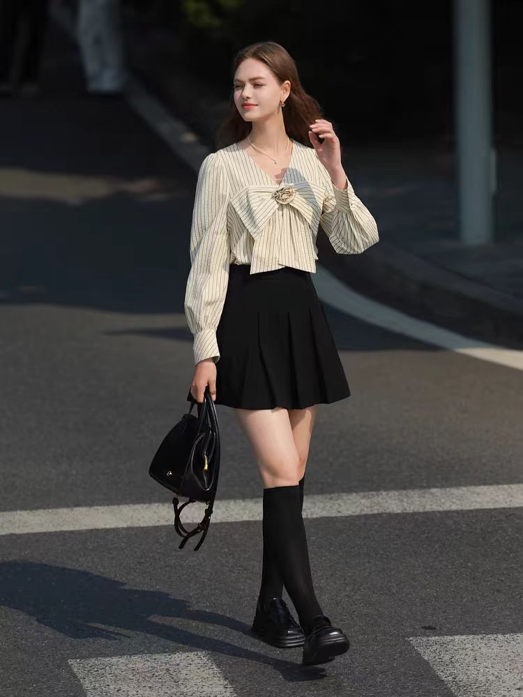 Puff sleeve autumn tops France style bow shirt for women