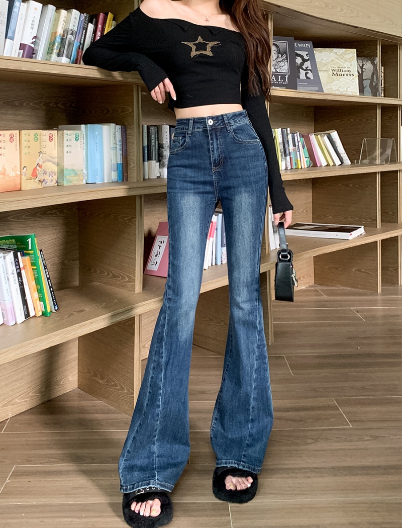 Blue slim flare pants splice high waist jeans for women