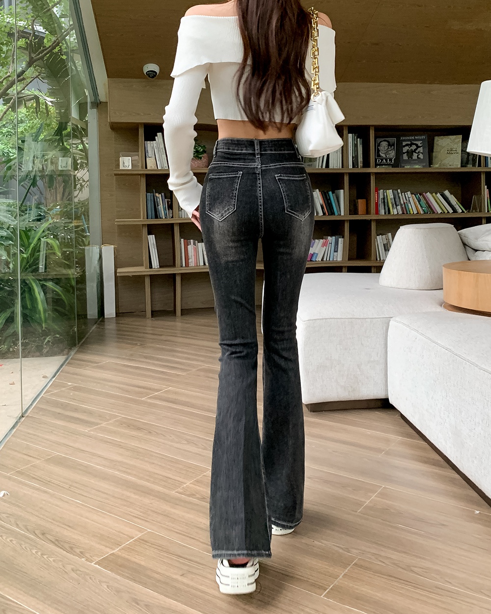 Blue slim flare pants splice high waist jeans for women