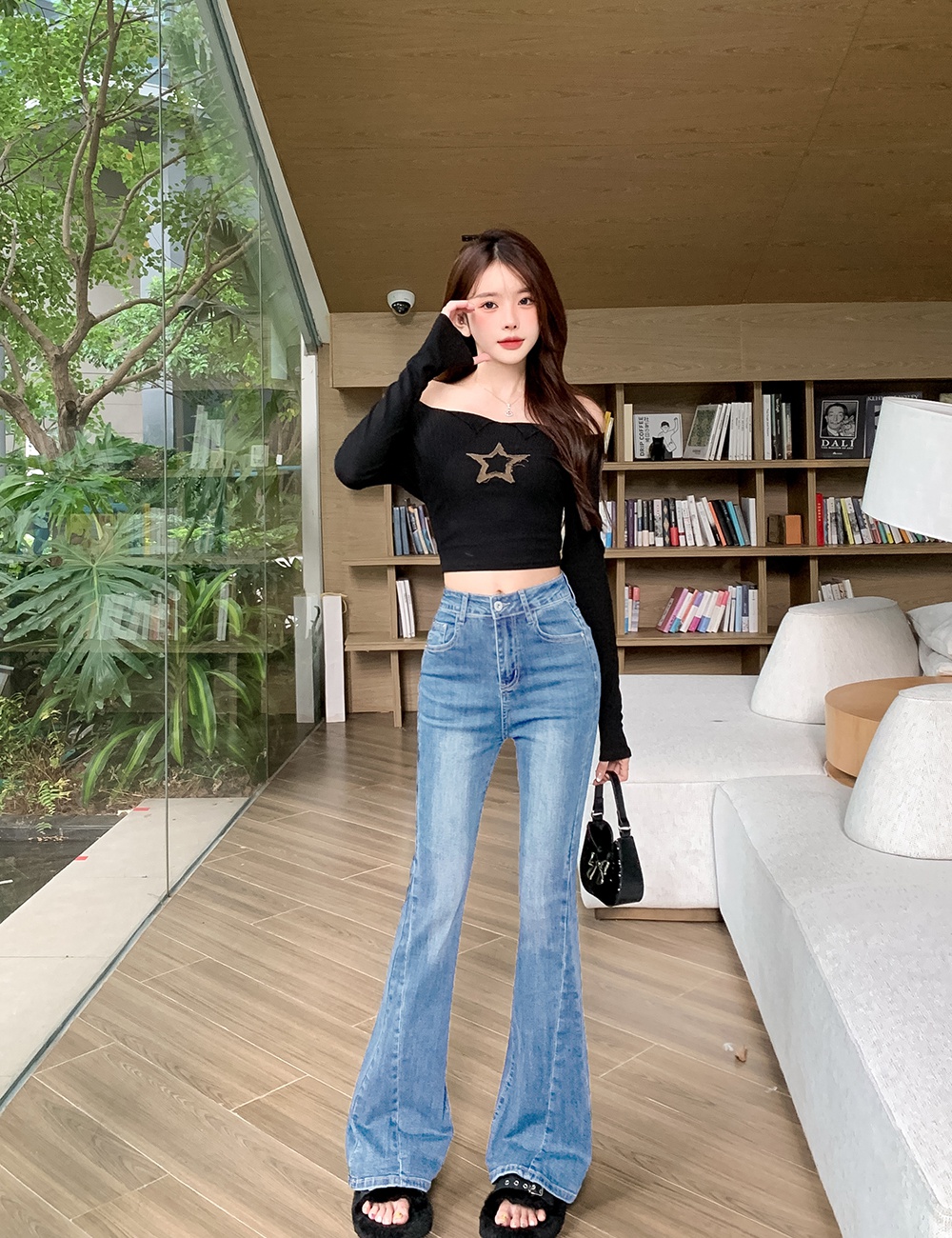 Blue slim flare pants splice high waist jeans for women