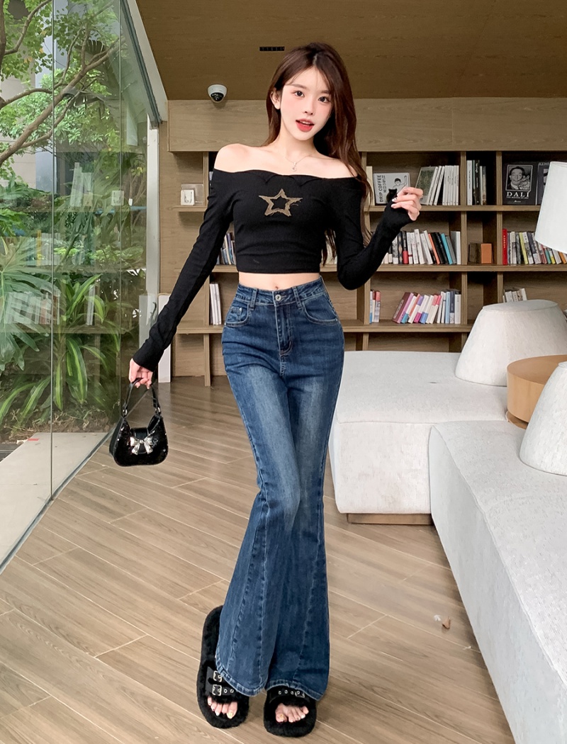 Blue slim flare pants splice high waist jeans for women