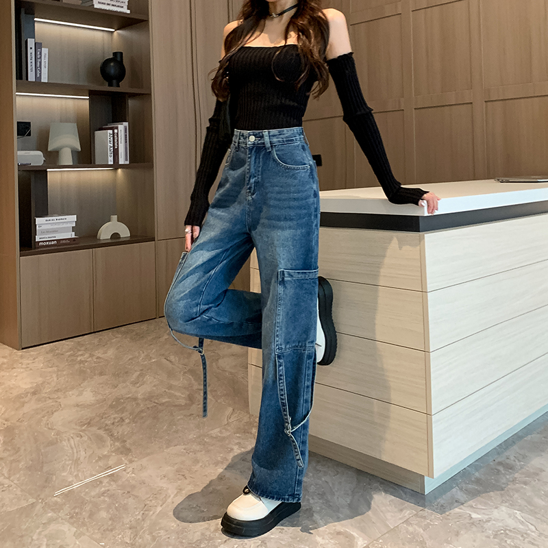 Autumn mopping jeans straight high waist pants for women