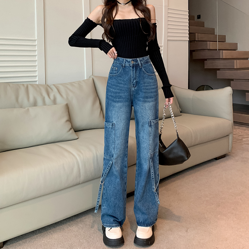 Autumn mopping jeans straight high waist pants for women