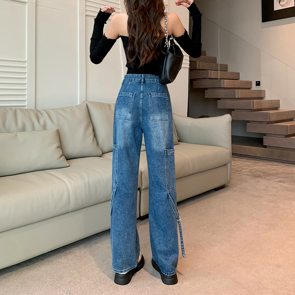 Autumn mopping jeans straight high waist pants for women