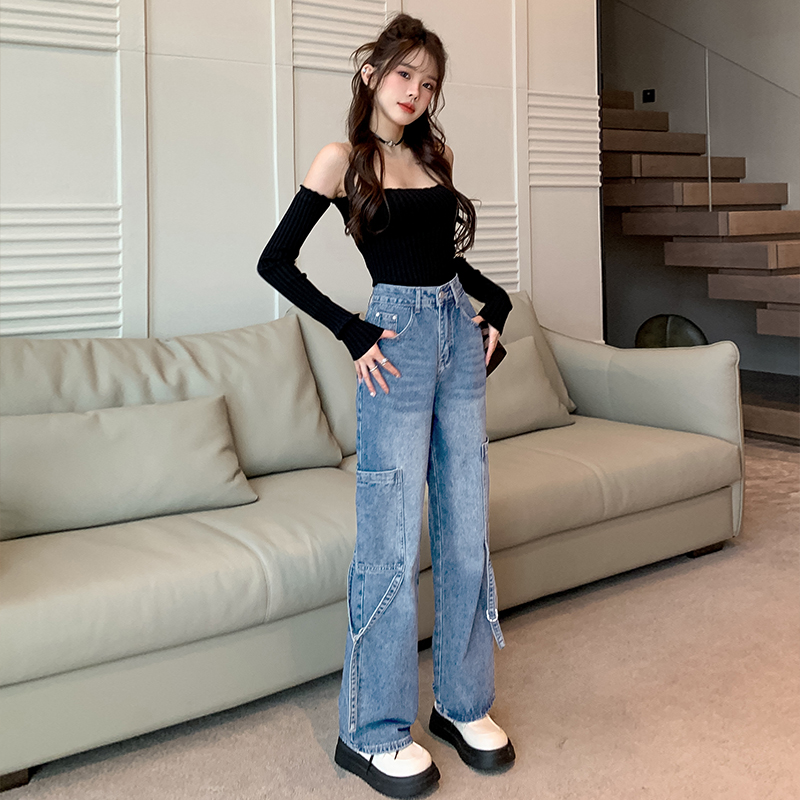 Autumn mopping jeans straight high waist pants for women