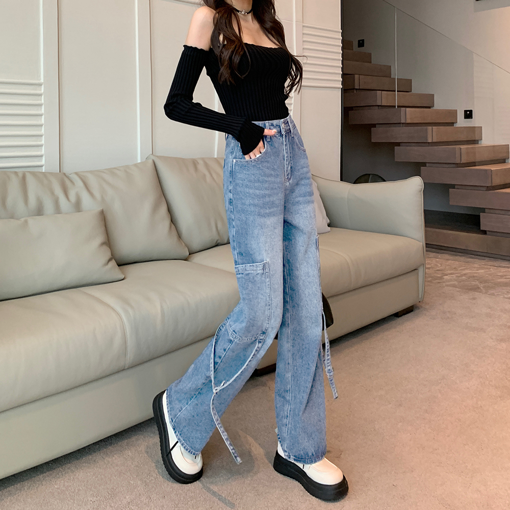 Autumn mopping jeans straight high waist pants for women