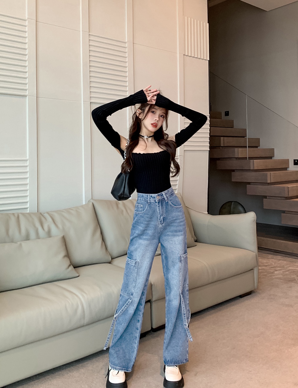 Autumn mopping jeans straight high waist pants for women