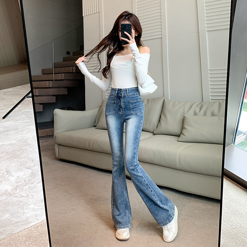 Mopping autumn speaker high waist washed jeans for women