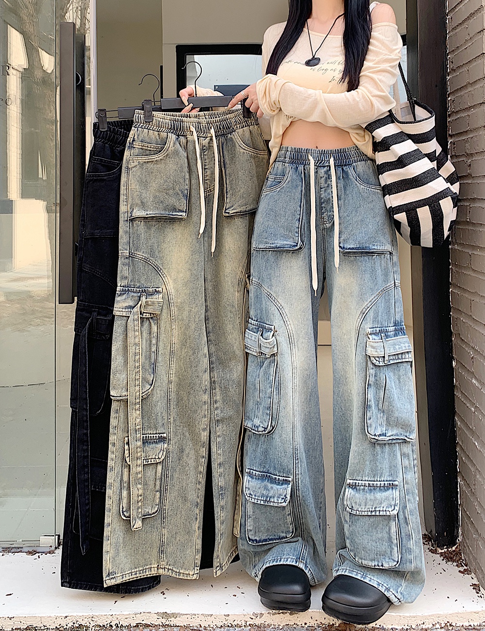 Washed autumn long pants loose retro work pants for women