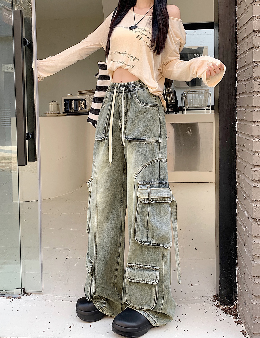 Washed autumn long pants loose retro work pants for women