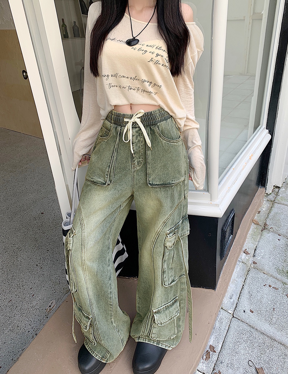 Washed autumn long pants loose retro work pants for women