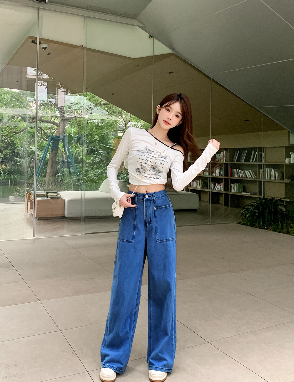 Straight high waist wide leg pants loose retro jeans for women