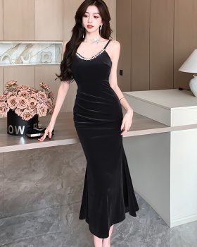 High waist velvet mermaid dress ladies sexy strap dress