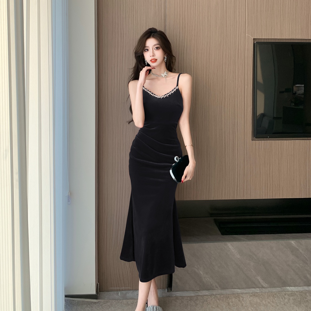 High waist velvet mermaid dress ladies sexy strap dress