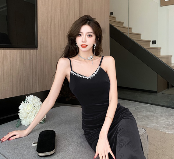 High waist velvet mermaid dress ladies sexy strap dress