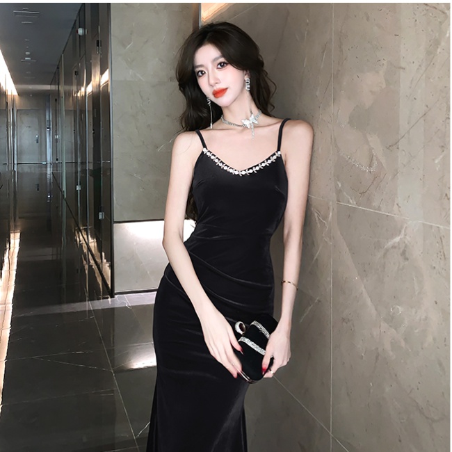 High waist velvet mermaid dress ladies sexy strap dress