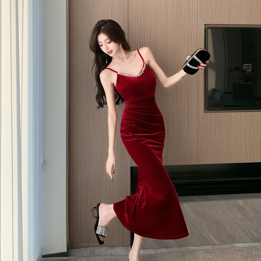 High waist velvet mermaid dress ladies sexy strap dress